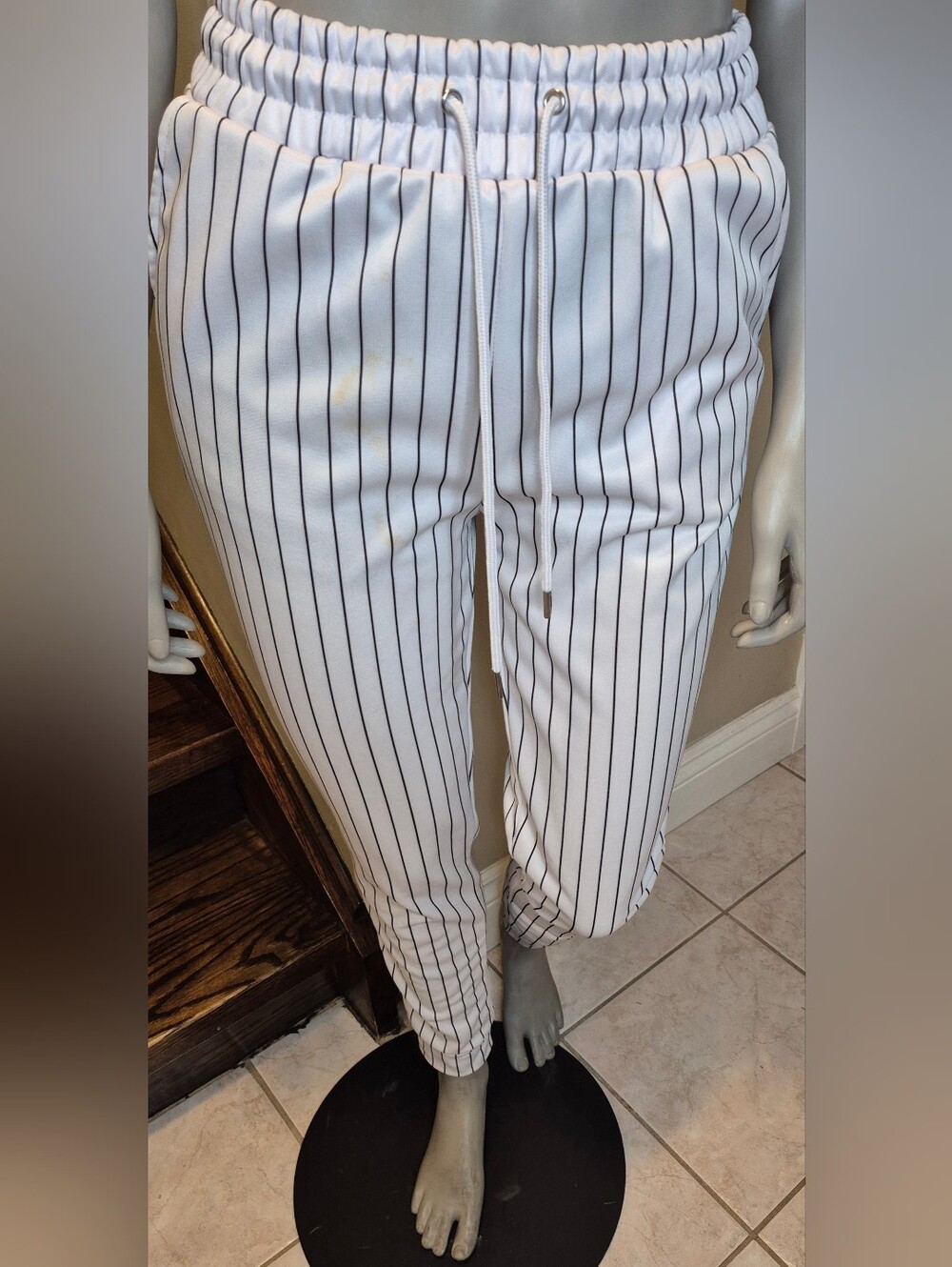 Revamped White Pinstripe Drawstring Pants - Picture 6 of 9